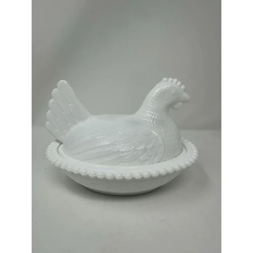 Indiana White Milk Glass RETICULATED Beaded Rim Hen On Nest - VHTF